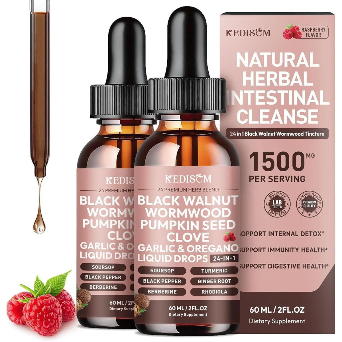 KEDISOM 24-in-1 wormwood tincture bottle label highlights raspberry flavor and alcohol-free formula.