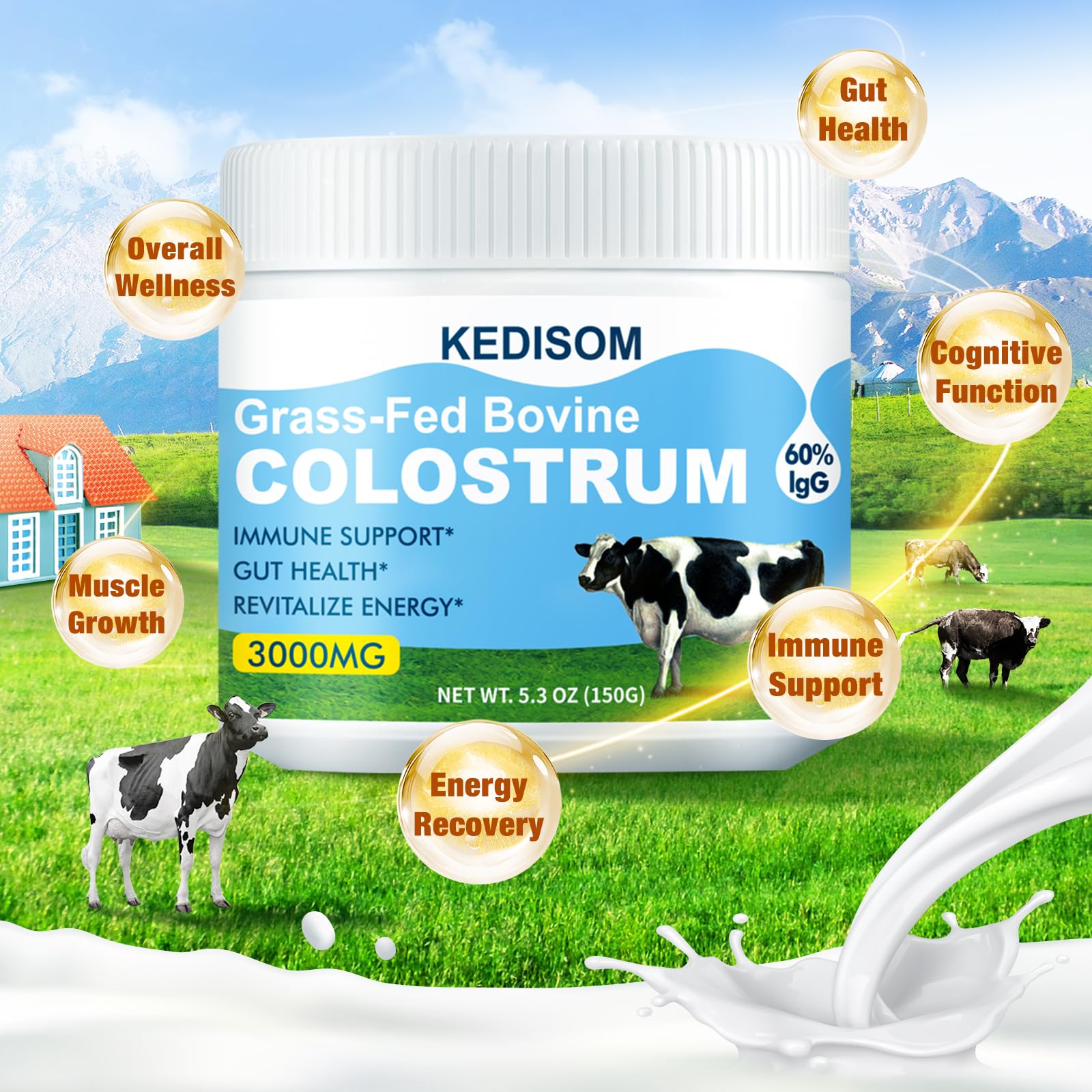 KEDISOM colostrum powder being poured into a glass of water