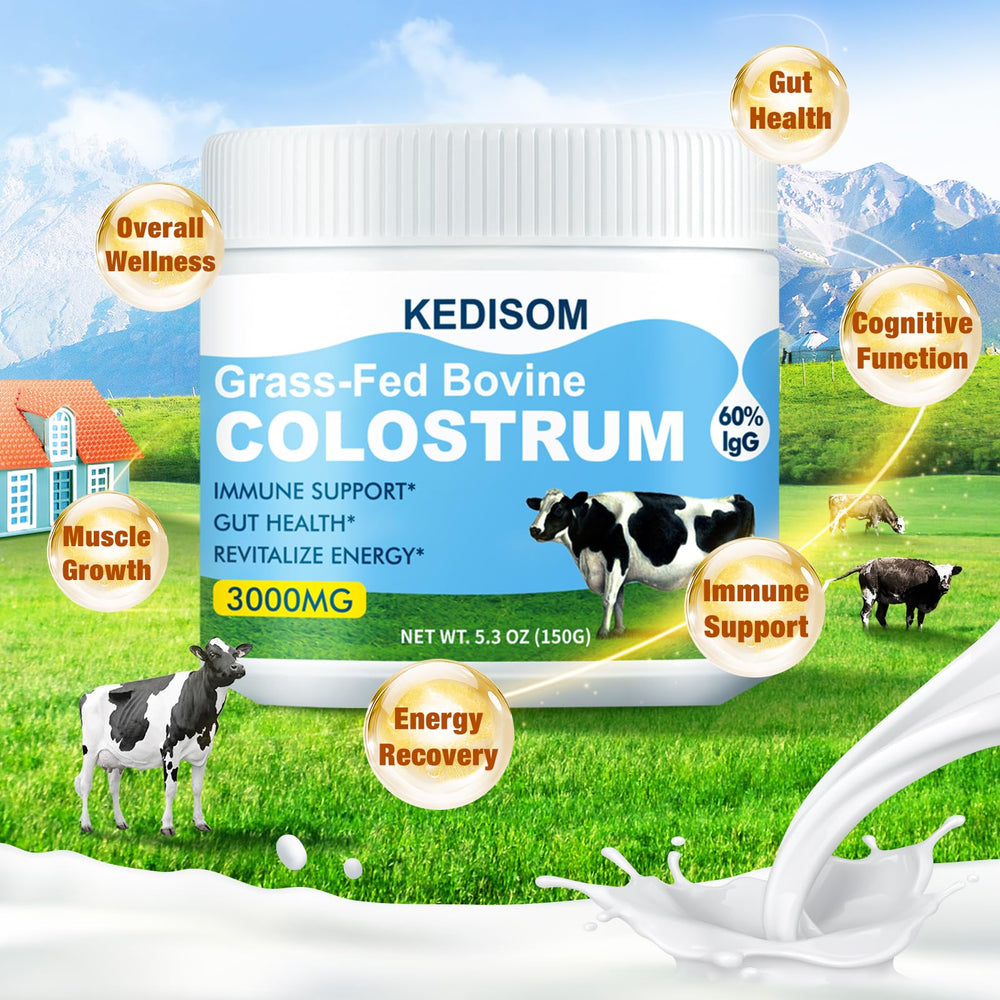 KEDISOM colostrum powder being poured into a glass of water