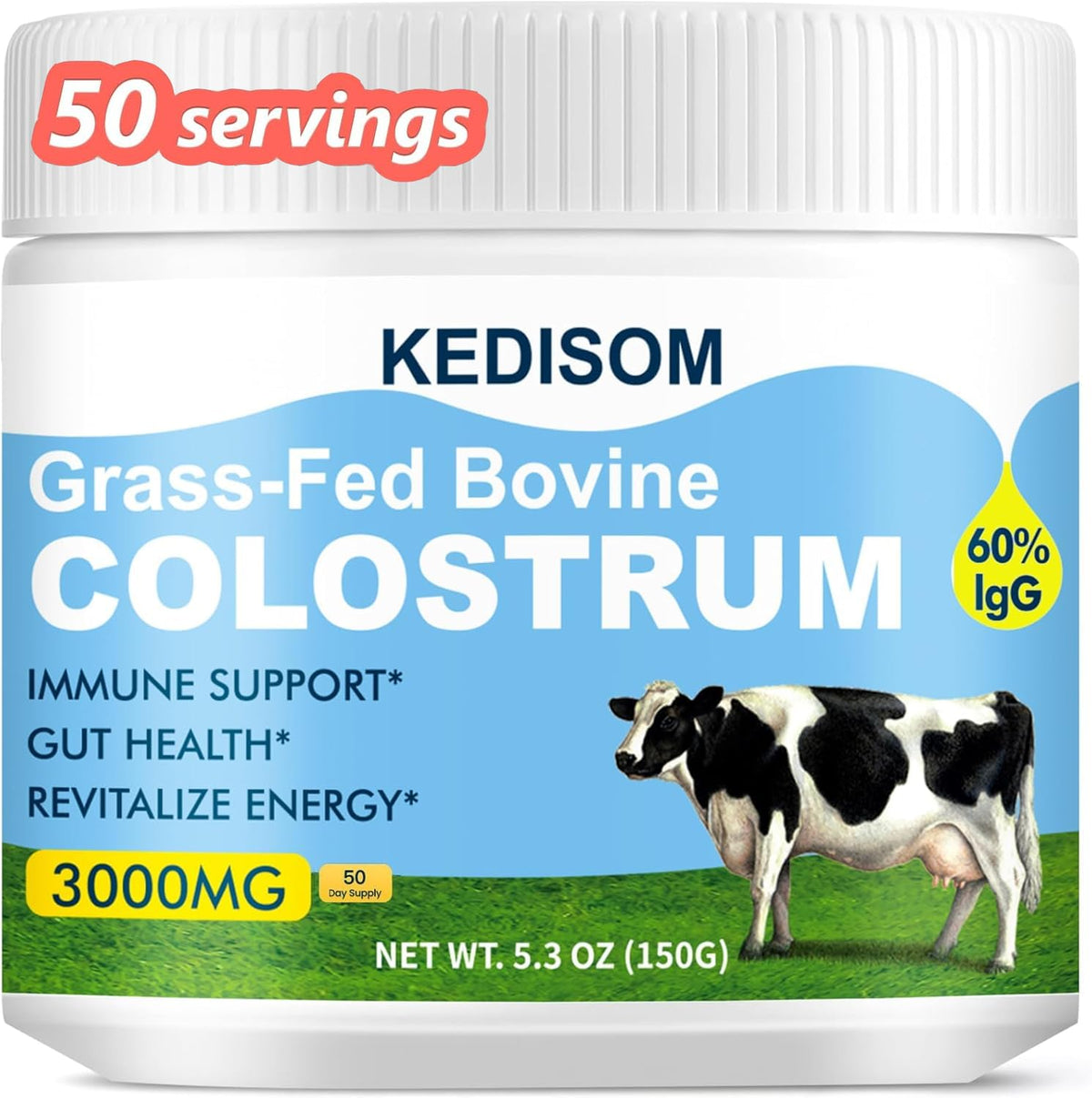 KEDISOM colostrum powder tub front for daily gut-support routine