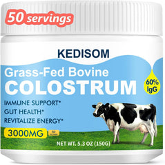 KEDISOM colostrum powder tub front for daily gut-support routine
