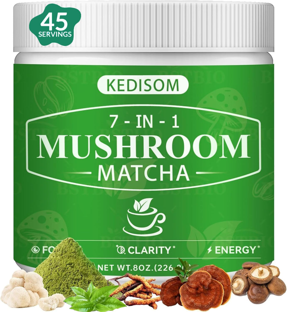 KEDISOM Mushroom Matcha tub front shows premium blend for a smooth energy lift.