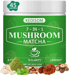 KEDISOM Mushroom Matcha tub front shows premium blend for a smooth energy lift.