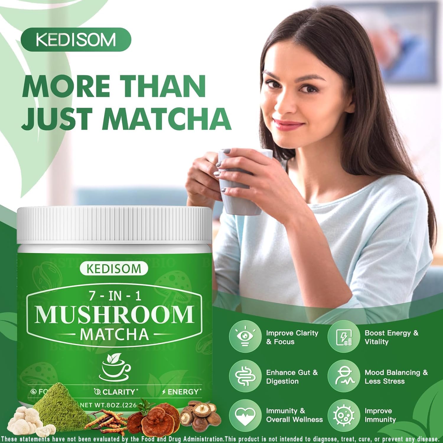 KEDISOM Nutrition label with seven mushrooms and MCT oil on the box.