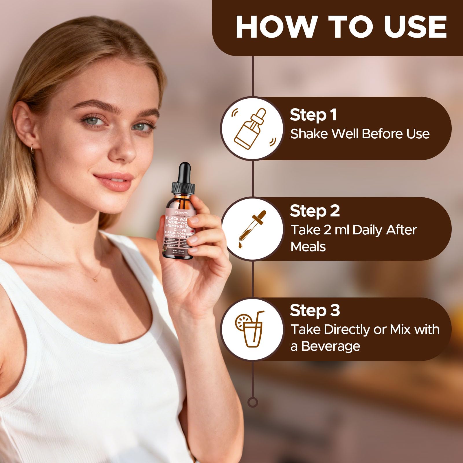 KEDISOM tincture bottle with glass conveys simple daily ingestion.