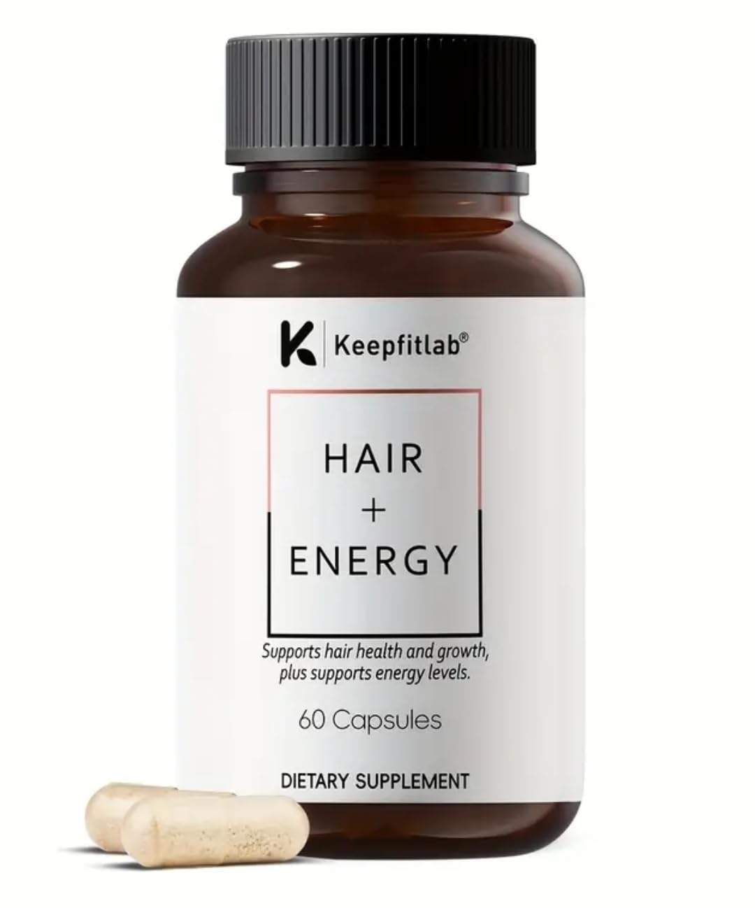 Keepfitlab Hair + Energy Supplement bottle aids daily vitality and hair health.