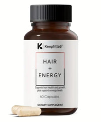 Keepfitlab Hair + Energy Supplement bottle aids daily vitality and hair health.