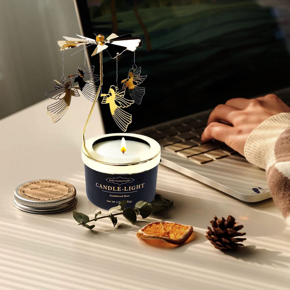 Kelly's Custom Candles rotating blades create dynamic lighting and a meditative atmosphere.