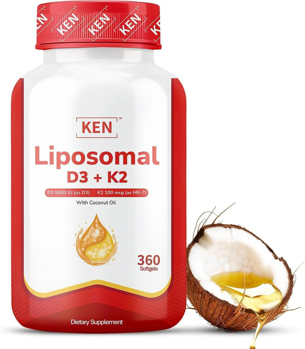 KEN Liposomal D3+K2 bottle closeup with glossy softgels for daily immune support