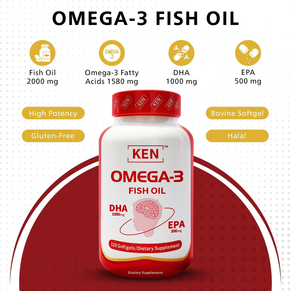 Close-up of KEN omega-3 softgels showing DHA and EPA content for daily use.