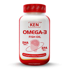 KEN Triple Strength Omega-3 bottle with softgels for easy daily omega-3 intake.