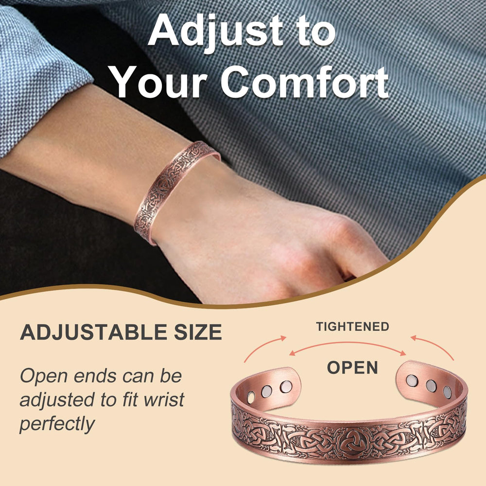 KENLANO copper bracelet adjustable open-end allows easy resizing for a secure fit.