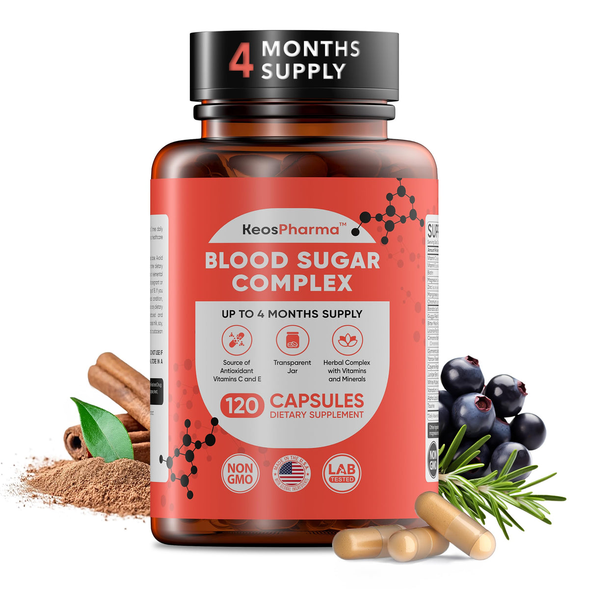 KeosPharma Blood Sugar Complex bottle front view for daily wellness.