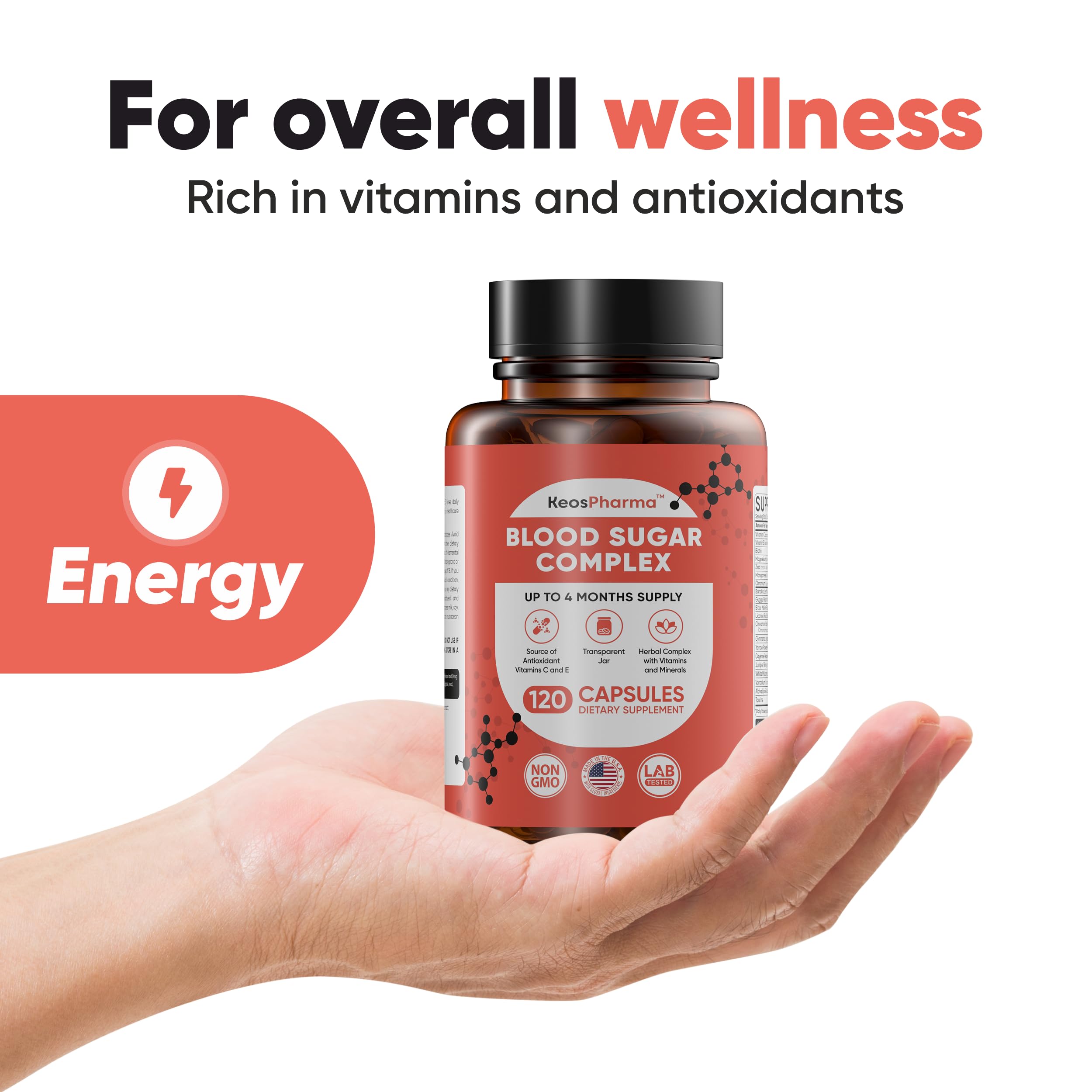 Bottle showing 120 capsules for up to four months supply.