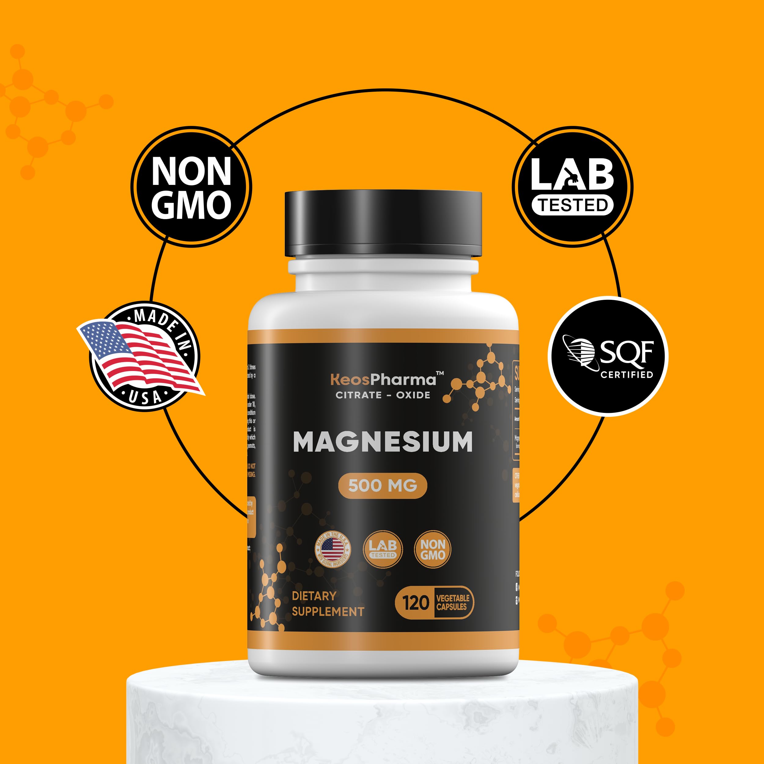 KeosPharma Magnesium Citrate bottle label emphasizes non-GMO and easy absorption.