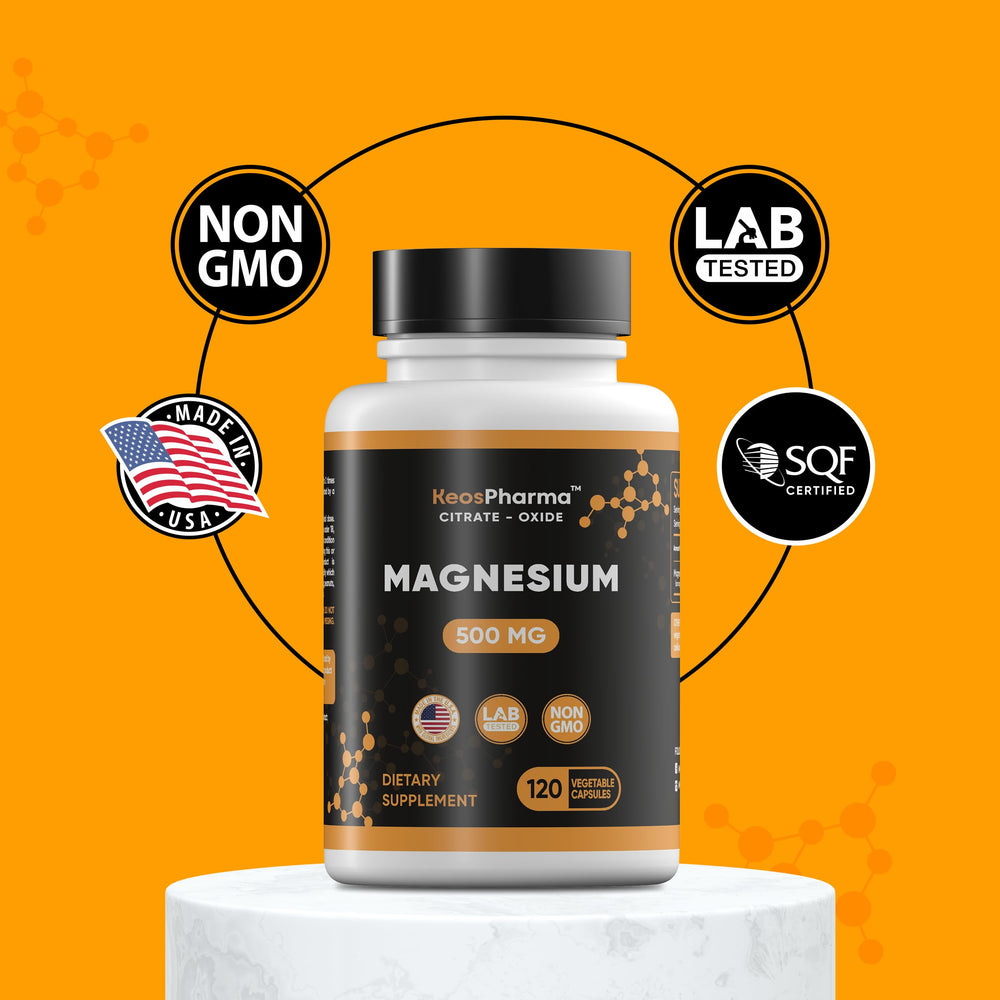 KeosPharma Magnesium Citrate bottle label emphasizes non-GMO and easy absorption.