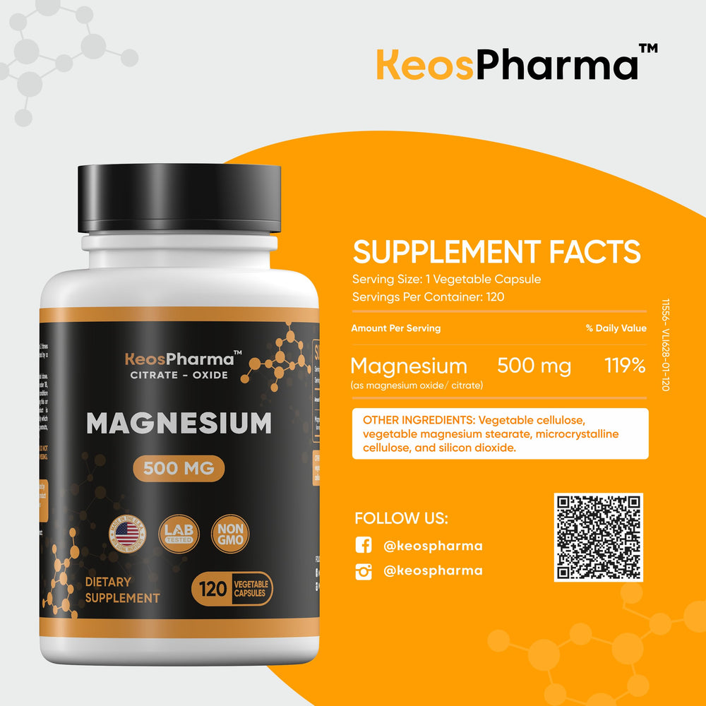 KeosPharma magnesium capsules close-up shows 500mg dose for muscle and nerve support.