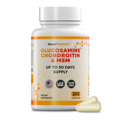KeosPharma MSM Glucosamine Chondroitin capsules bottle for joint support and daily mobility.