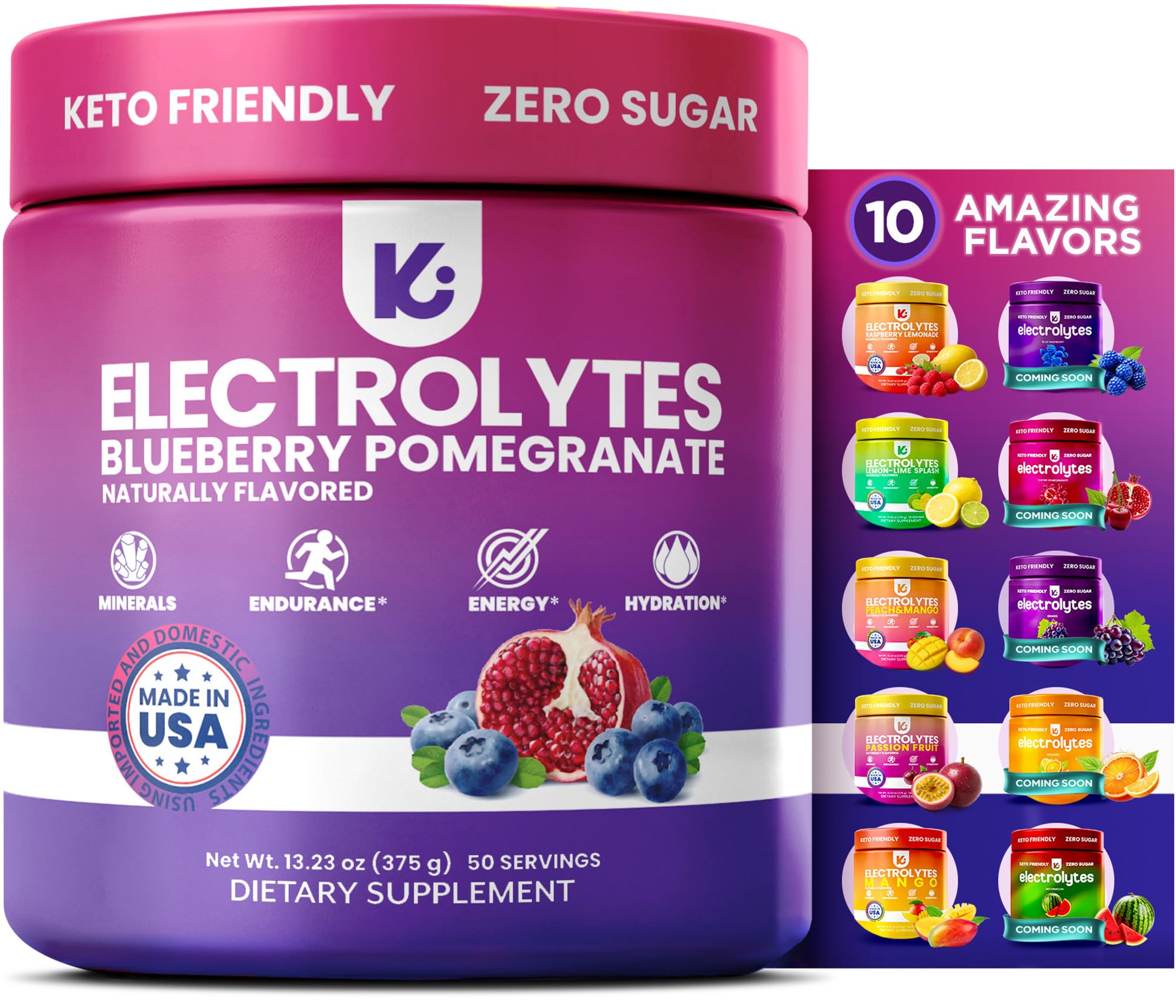 Keppi Electrolytes bottle with blueberry-pomegranate flavor for on-the-go hydration.