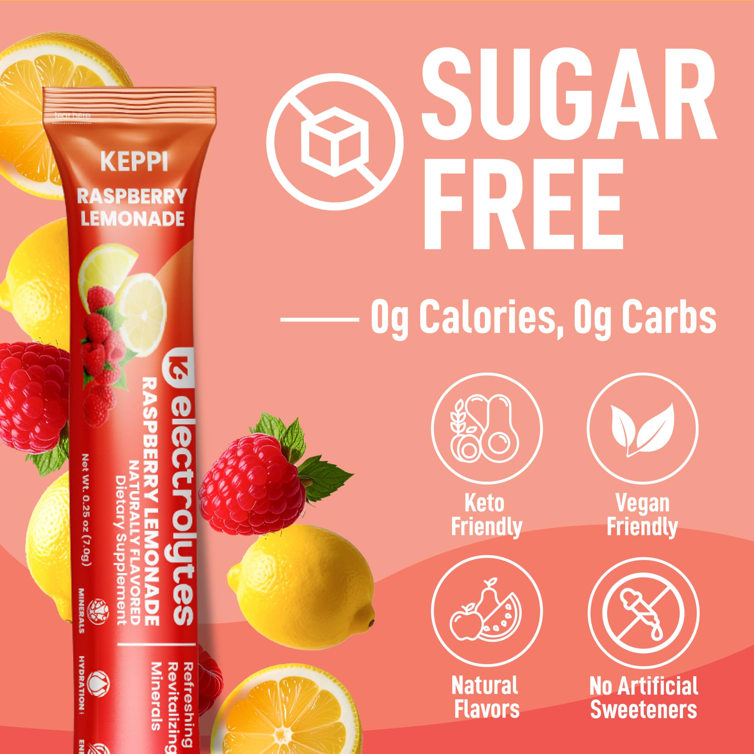 Keppi Electrolytes label shows zero-calorie formula for clean hydration.