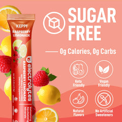 Keppi Electrolytes label shows zero-calorie formula for clean hydration.