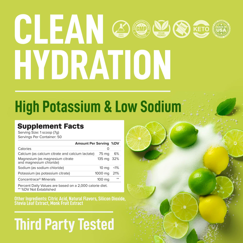 Keppi Electrolytes Lemon Lime powder in a glass with ice.