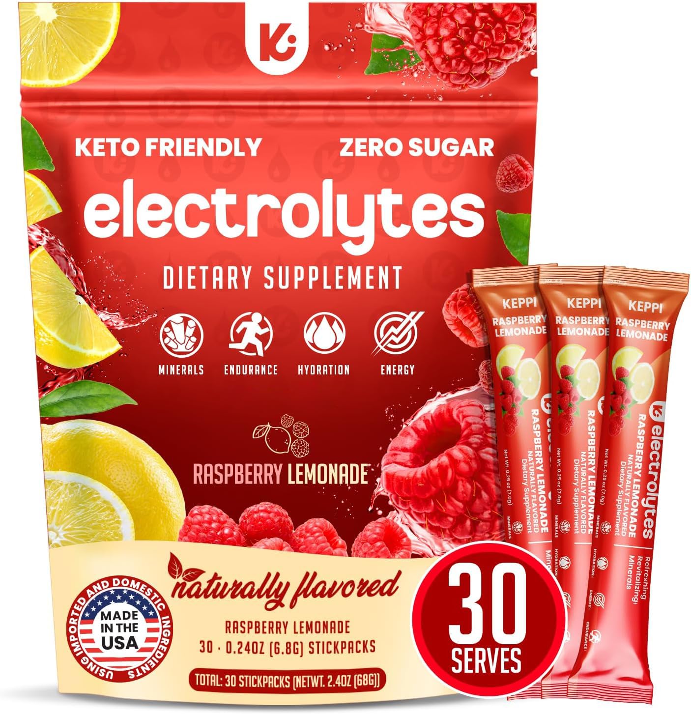 Keppi Electrolytes Raspberry Lemonade packets for zero-calorie hydration on the go.