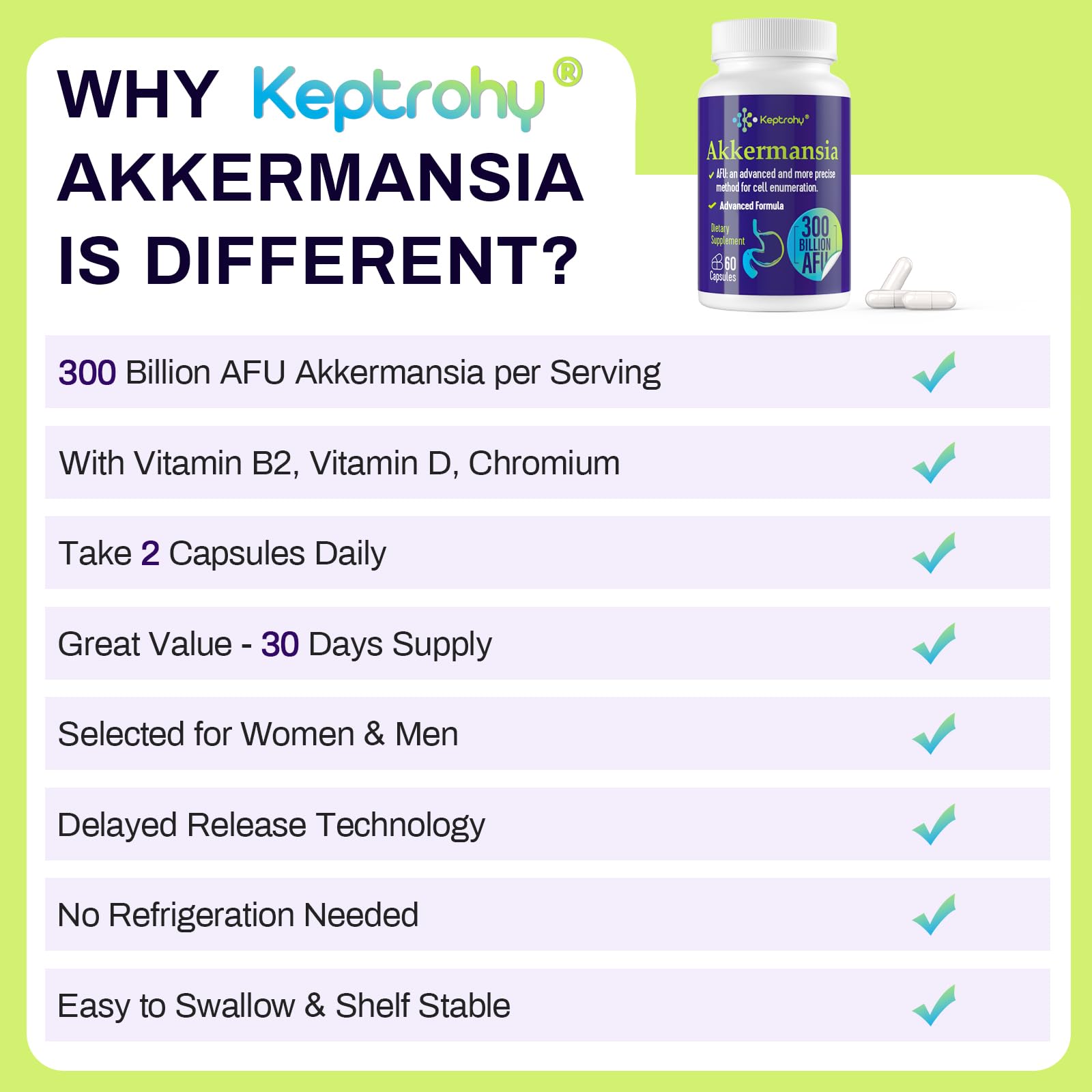Keptrohy Akkermansia capsules package for daily gut health routine