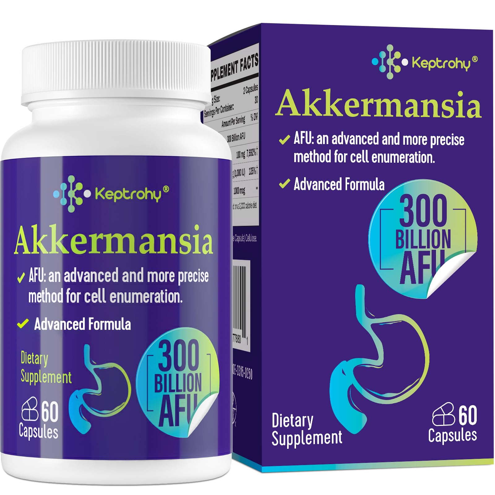 Keptrohy Akkermansia probiotic bottle label highlighting 300B AFU for gut health support
