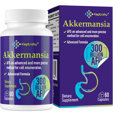 Keptrohy Akkermansia probiotic bottle label highlighting 300B AFU for gut health support