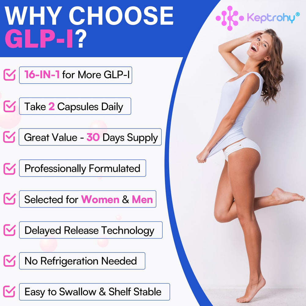 Open Keptrohy GLP-I bottle reveals capsules for convenient daily supplementation.