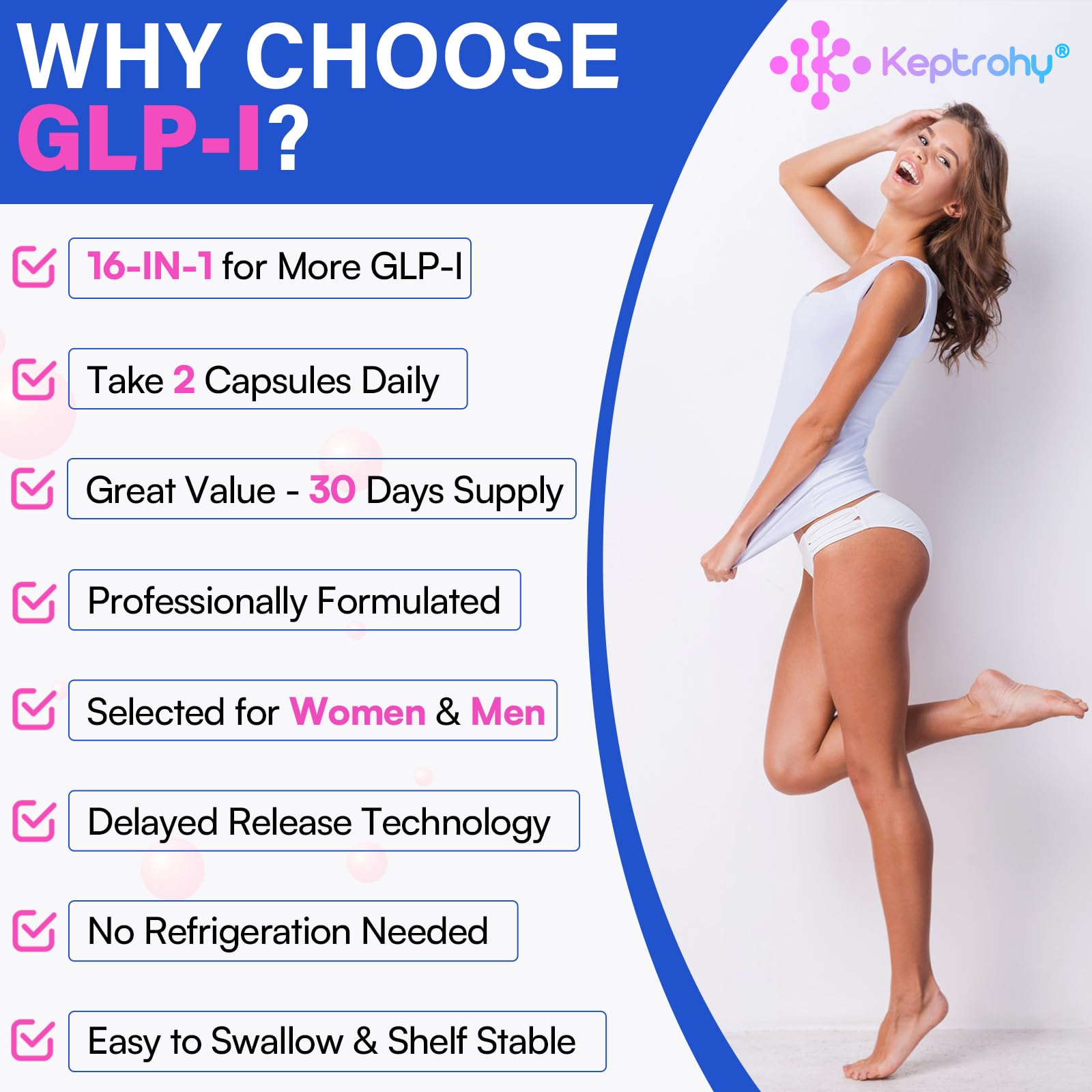 Keptrohy GLP-I capsules in-use before meals for daily digestive support.