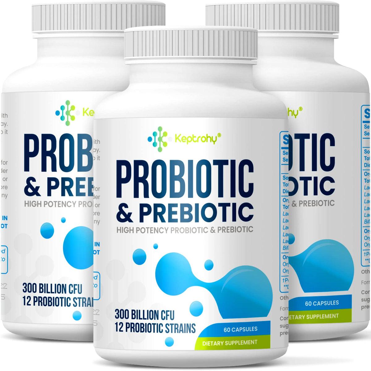Keptrohy Probiotics bottle showing 300B CFU formula for daily digestive support