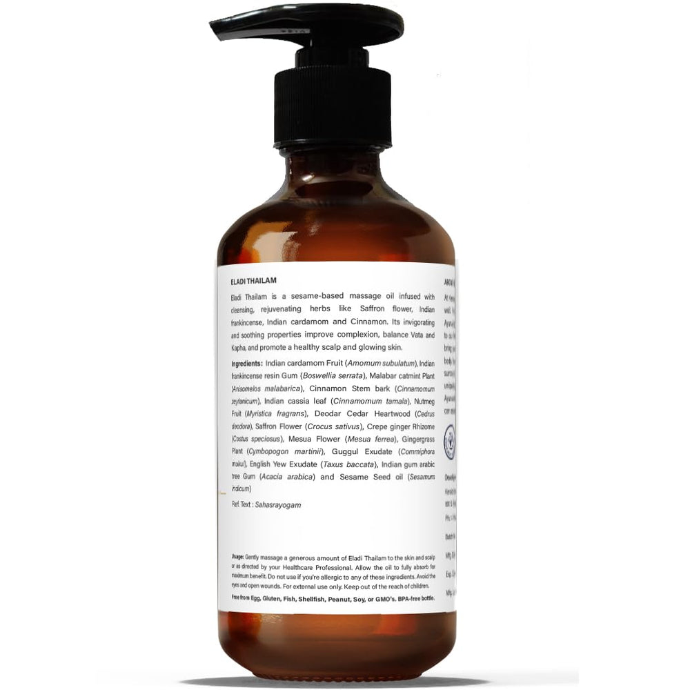 Kerala Ayurveda Eladi Thailam massage application promotes skin hydration and relaxation.