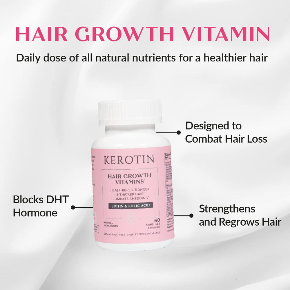 Kerotin Biotin tablets beside the bottle for hair and nails health