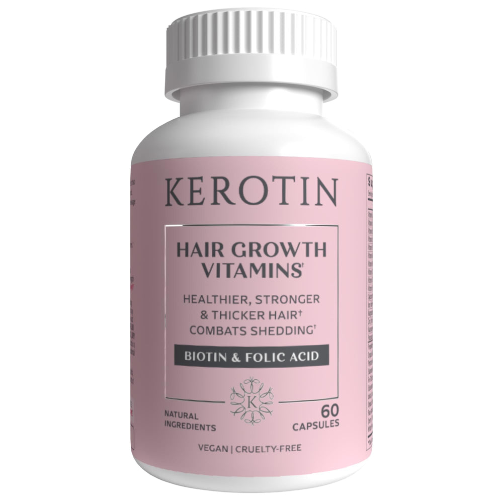 Kerotin Hair Growth Vitamins bottle shows ingredient-focused formula for hair support