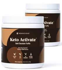 Keto Activate dark chocolate truffle powder tin offers steady energy support.