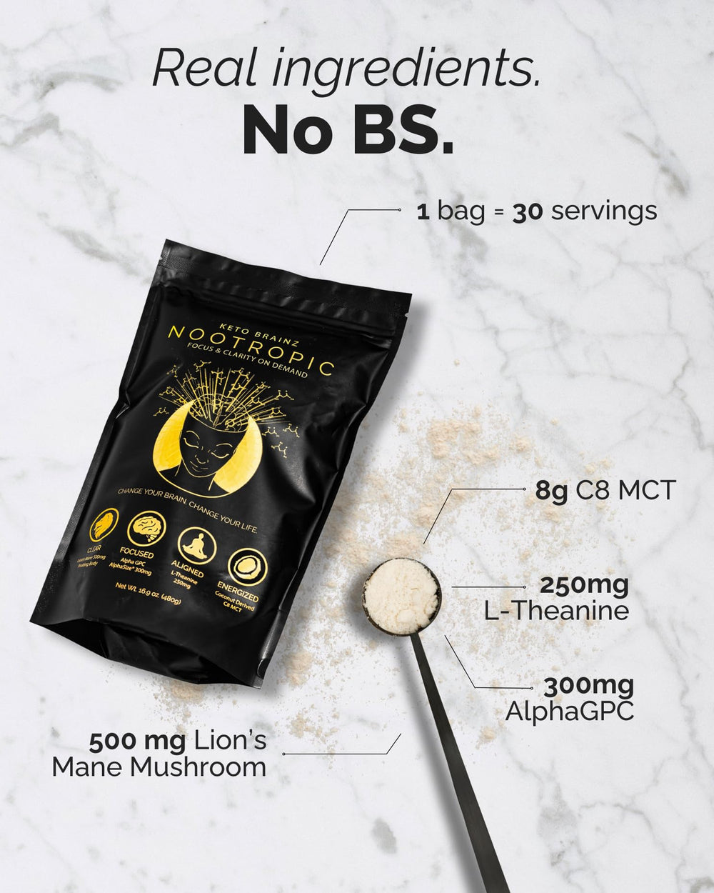 Keto Brainz envase de 16 onzas listo para tu ritual matutino.
