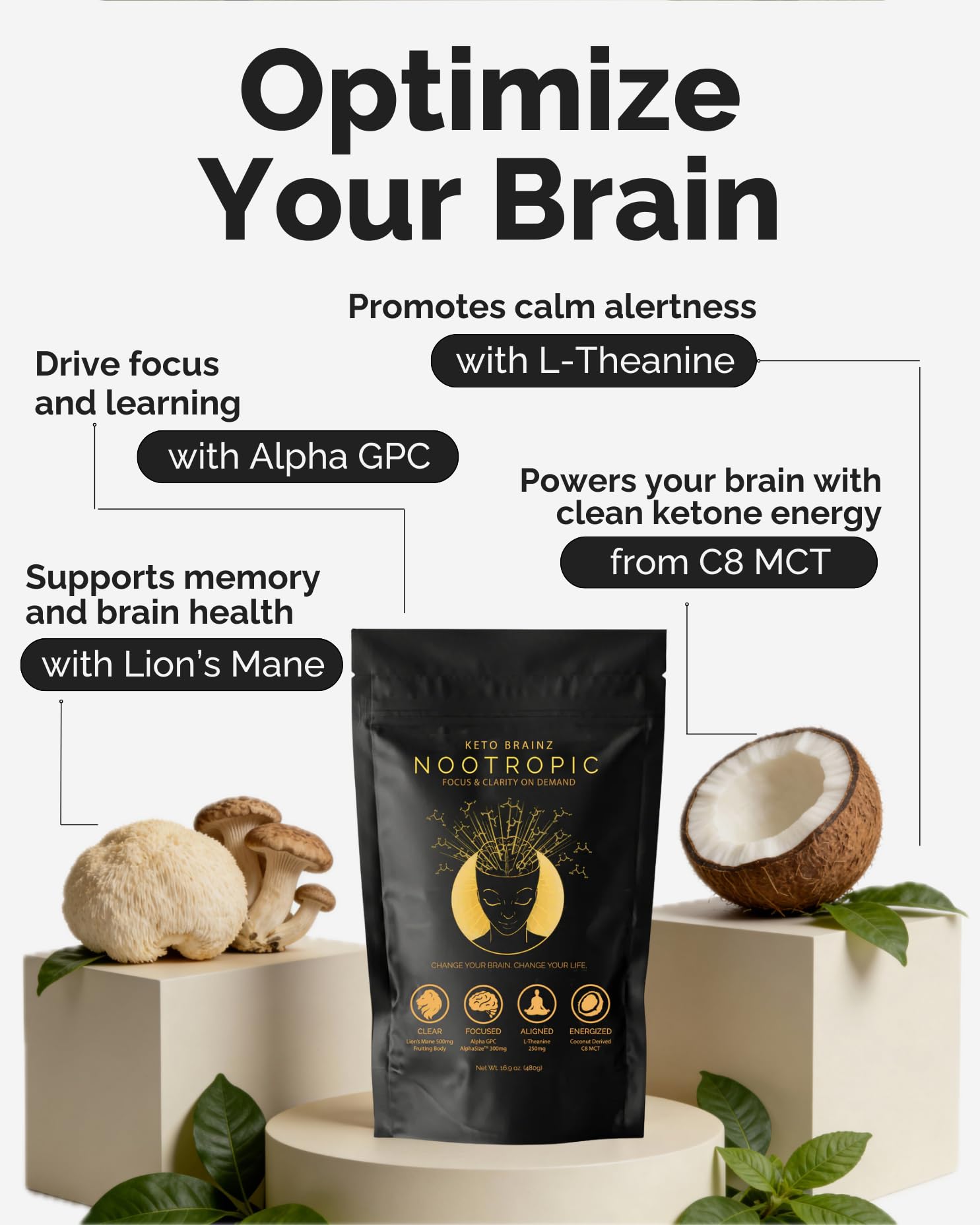 Keto Brainz taza café con melena de león para sabor y concentración.
