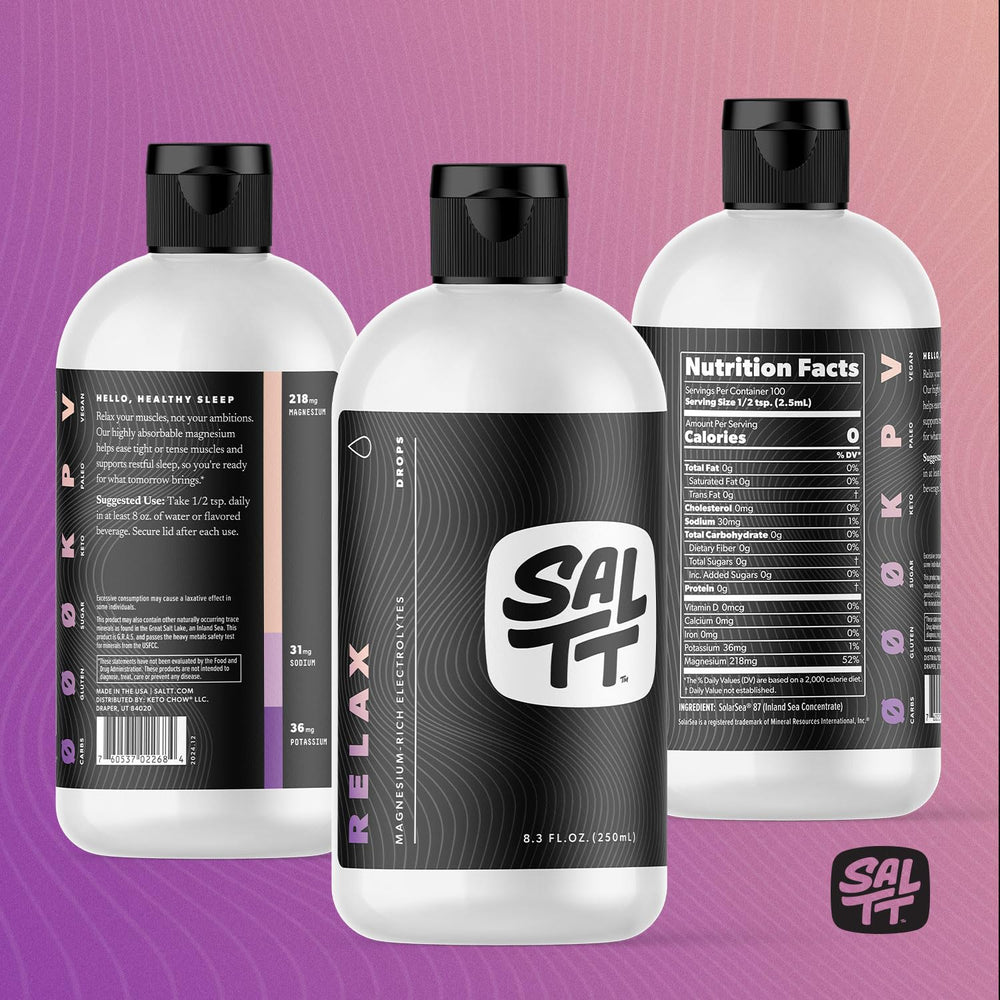 Keto Chow SALTT Relax bottle near a hydration setup