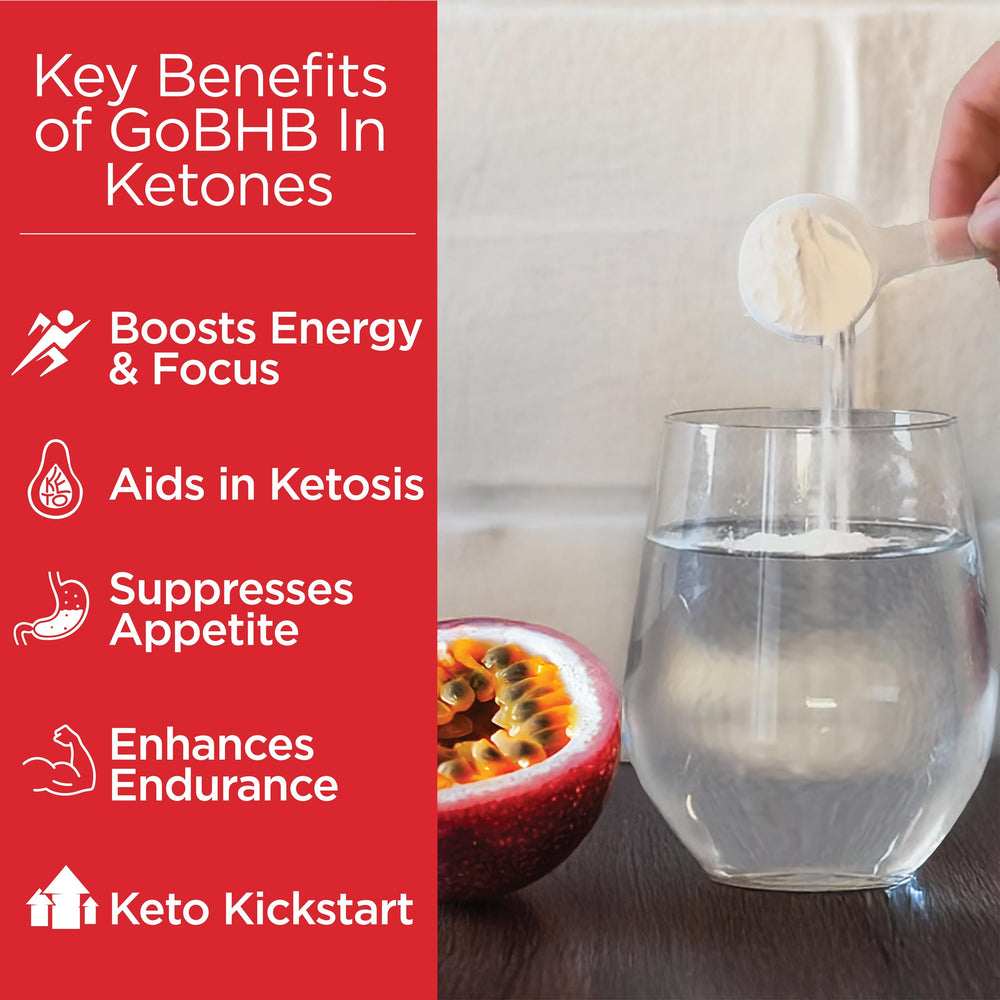 Label highlight of passion fruit flavor on Keto Science Ketones Powder packaging.