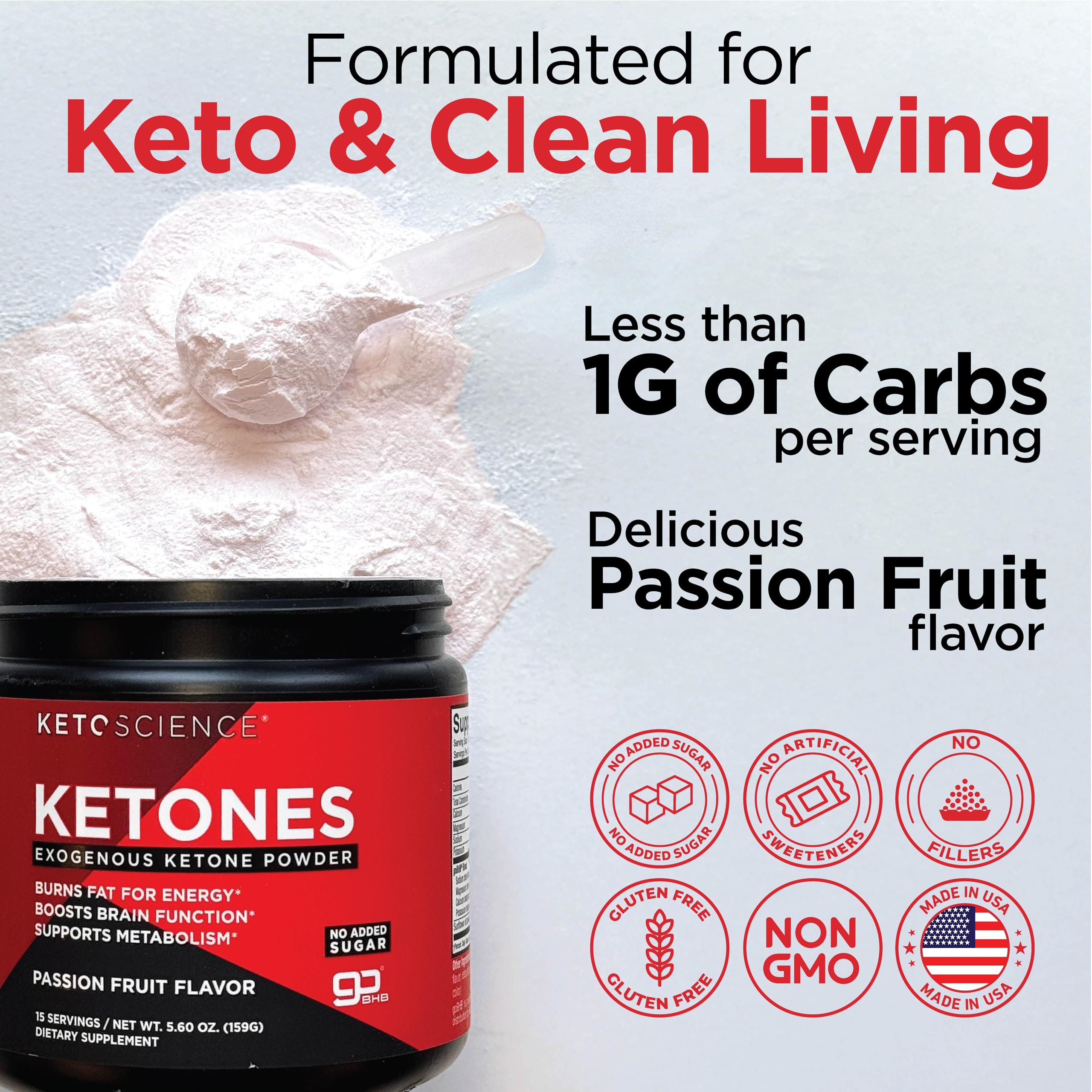Packaging showing sugar-free, keto-friendly formulation with passion fruit flavor.