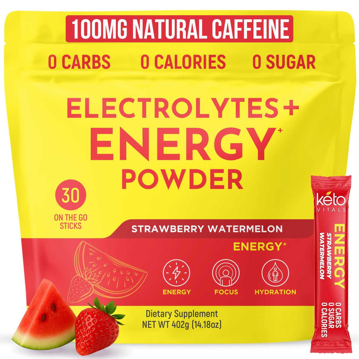 Keto Vitals Electrolyte Energy Packets front label showing keto-friendly benefits
