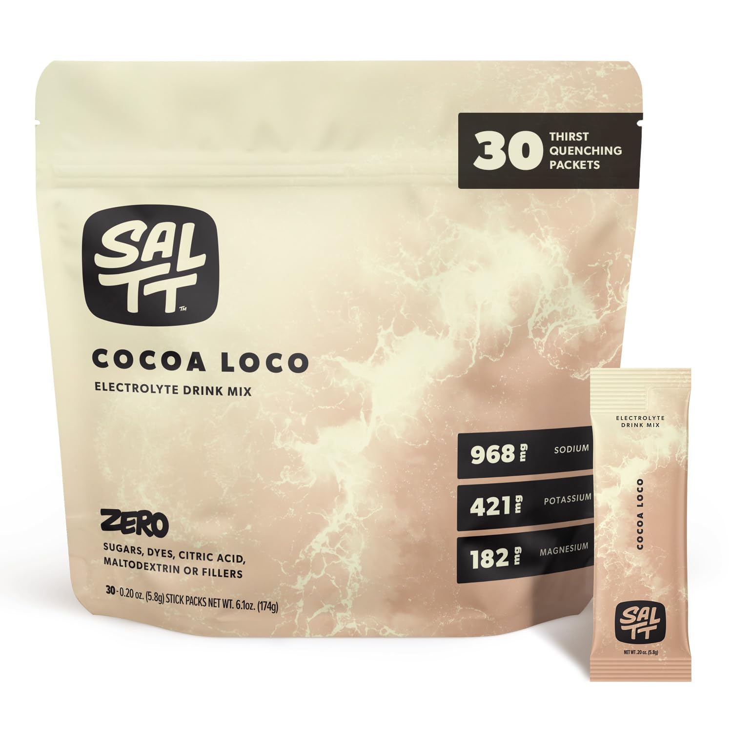 Keto Chow SALTT Cocoa Loco packet front view showing zero sugar electrolyte powder.