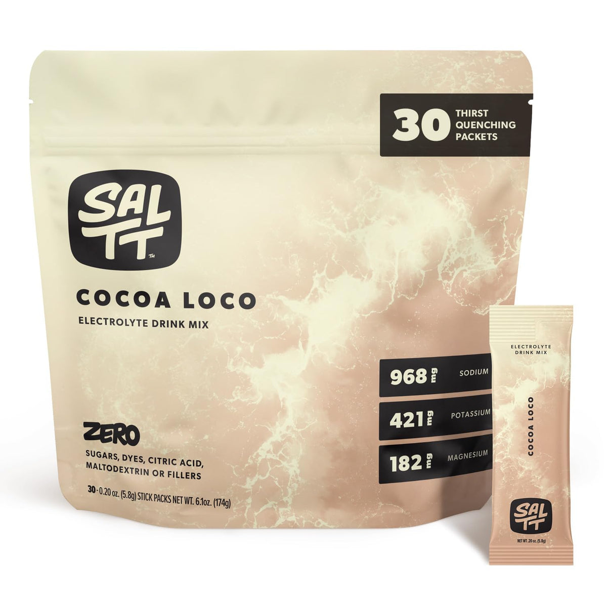 Keto Chow SALTT Cocoa Loco packet front view showing zero sugar electrolyte powder.