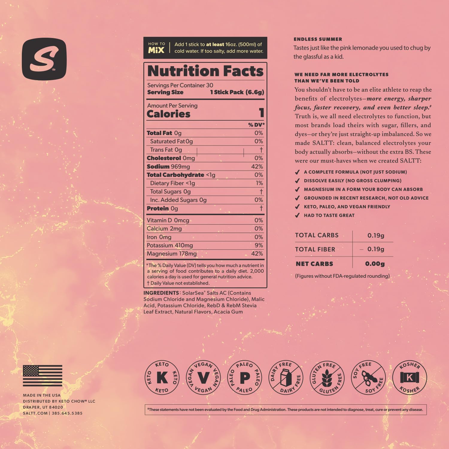 Nutrition panel close-up on SALTT Endless Summer packaging.