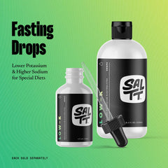 Dropper releasing Keto Chow SALTT Low-K Fasting Drops into a glass