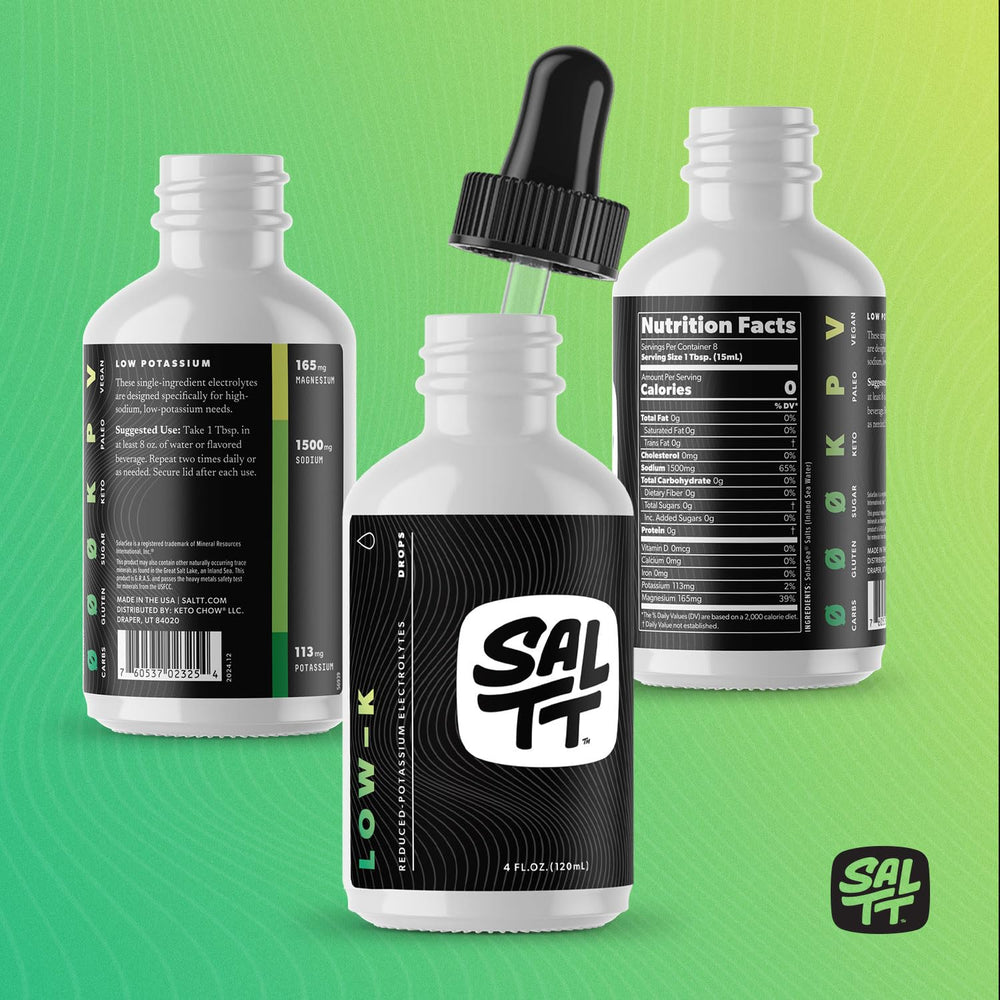 Travel-friendly Keto Chow SALTT Low-K Fasting Drops bottle ready for on-the-go