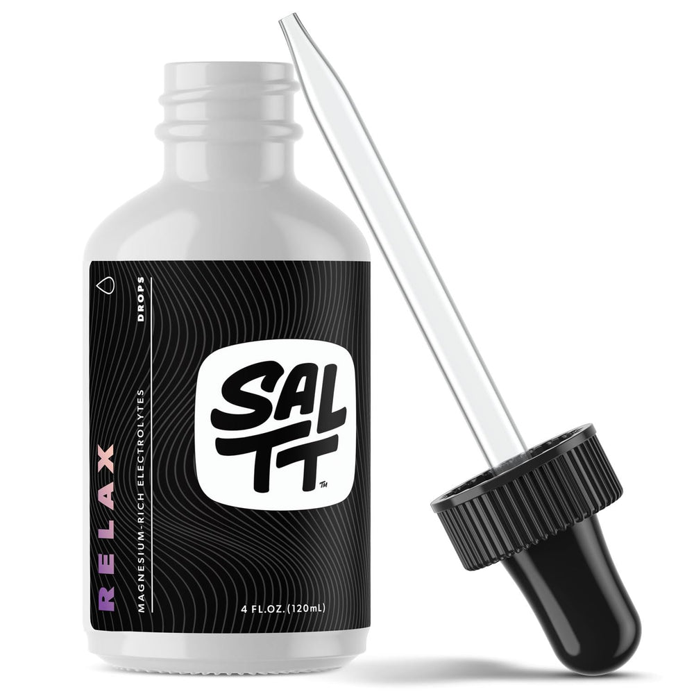Keto Chow SALTT Relax magnesium drops bottle on counter for easy dosing.