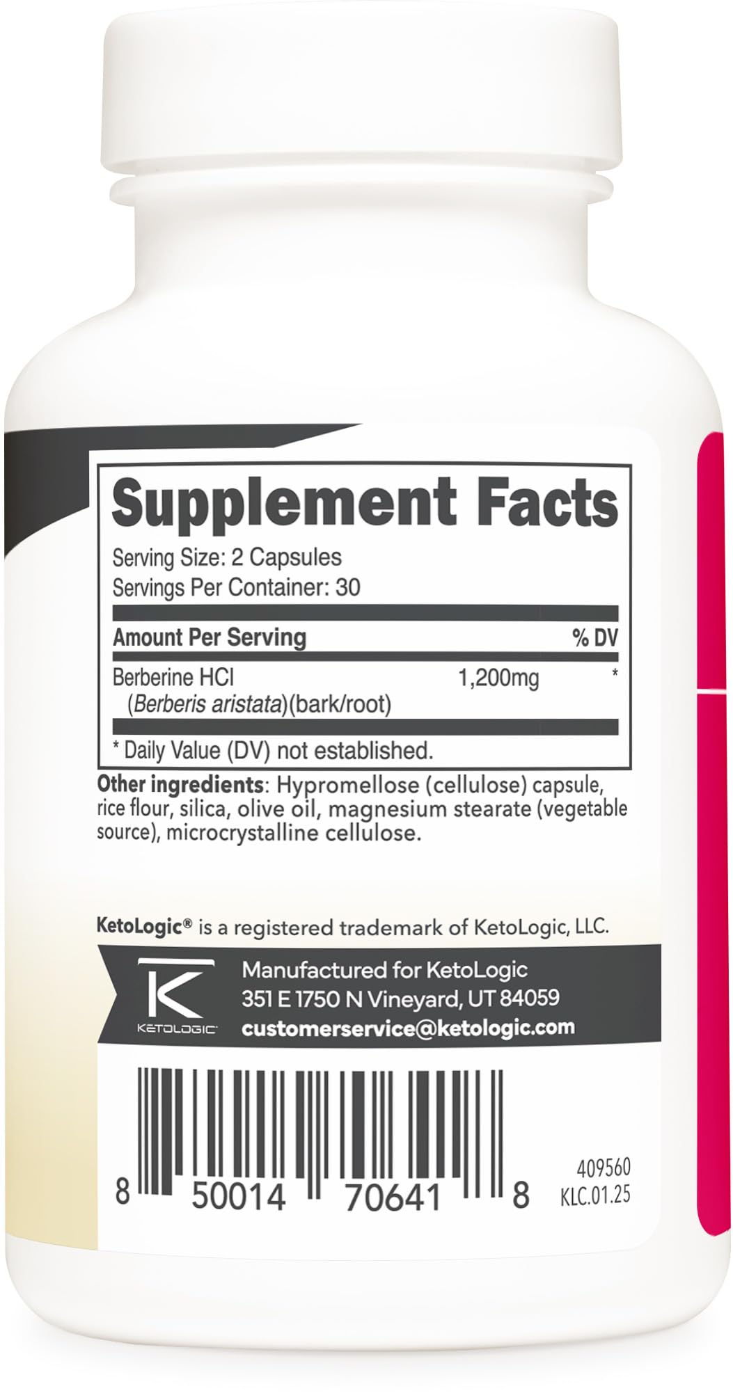 Ketologic Berberine HCl bottle displayed for gluten-free daily use.